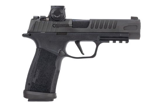 Sig P365 9mm pistol with red dot, black.